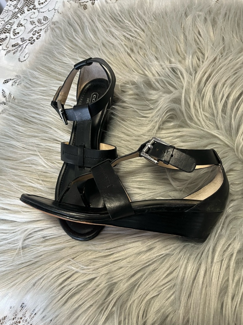 Coach Black Leather T-Strap Sandals with Silver Buckle